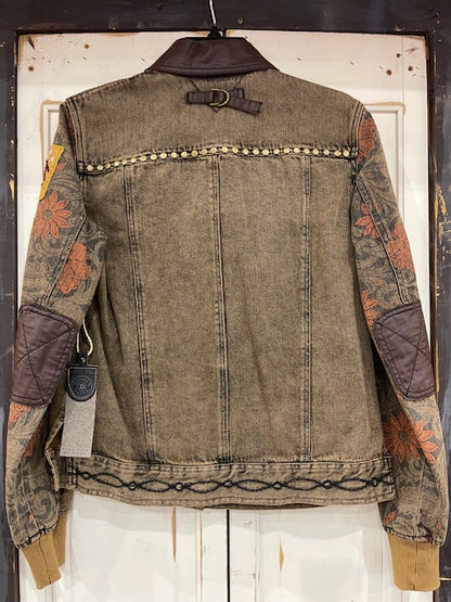 CF19-16 DISTRESSED BRN DENIM JKT/FLORAL SLEEVE-S