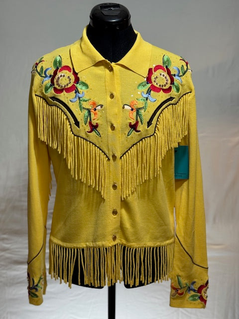 CF17-11 YELLOW KNIT JKT/FRINGE & STITCH-XS