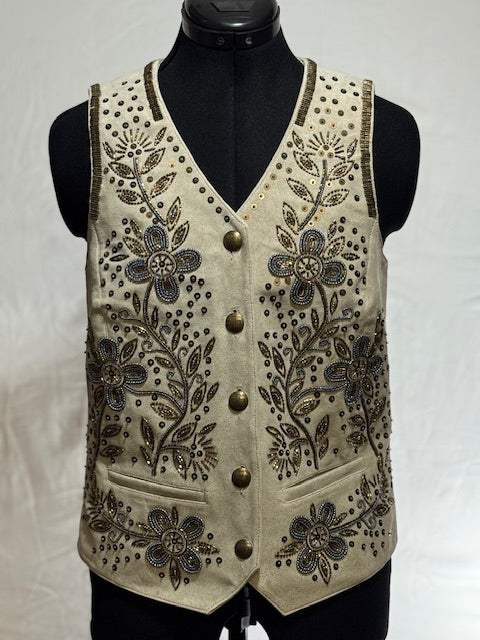 CF42-8 LEATHER VEST W/SILVER & GOLD FLORAL BEADS-XS