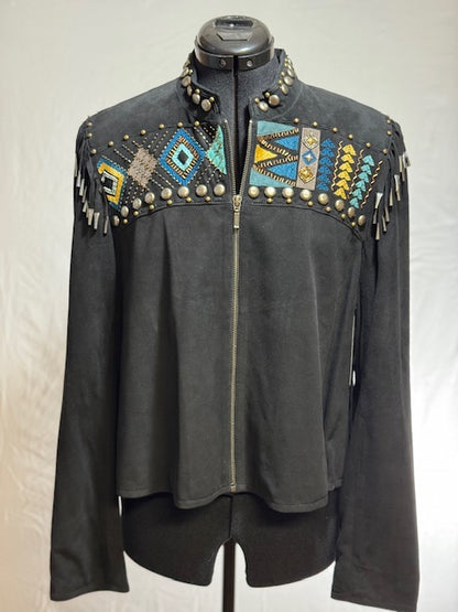 CF42-26 BLK SUEDE JKT W/STITCH, STUDS, LONG FRINGE-S