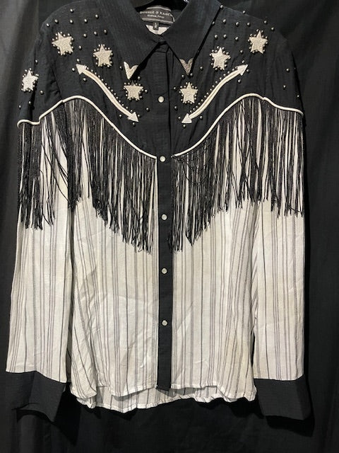 CF33-61 BLK/WHT BLOUSE STAR & FRINGE-LRG