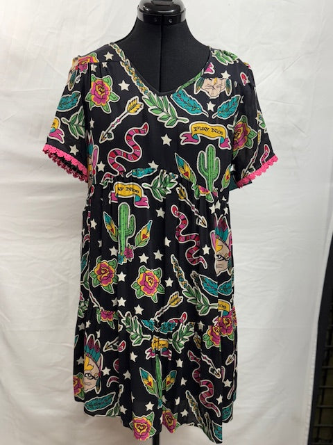 CF49-10 SUN DRESS W/CATS,SNAKES,ROSES-S