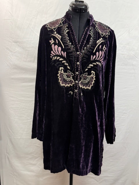 CF49-12 PURPLE VELVET TUNIC W/BEADED FLORAL-S