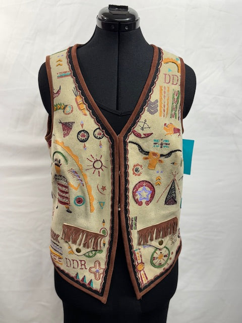 CF49-14 LEATHER VEST W/BEADING,FRINGE,LONGHORN-S