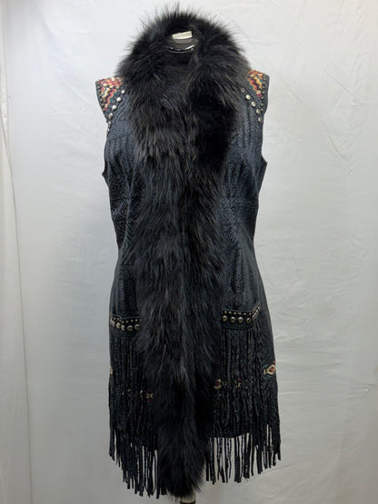 CF47-47 GREY LEATHER VEST W/ LONG FUR L