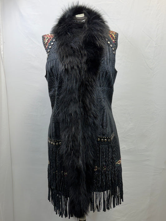 CF47-47 GREY LEATHER VEST W/ LONG FUR L