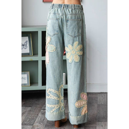 WASHED FLOWER PATCHWORK STRAIGHT DENIM JEANS