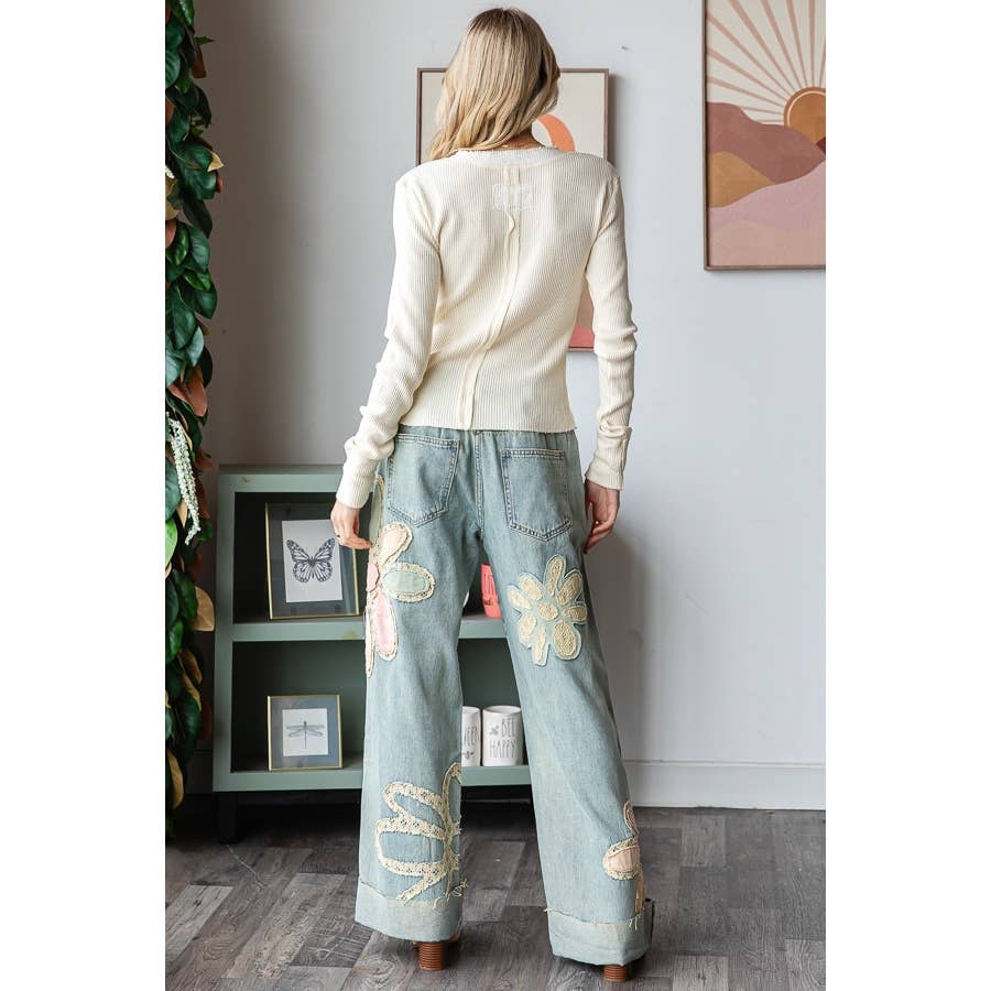 WASHED FLOWER PATCHWORK STRAIGHT DENIM JEANS