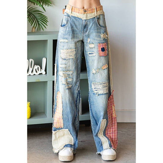 PATCH DETAIL WIDE STRAIGHT DENIM PANTS