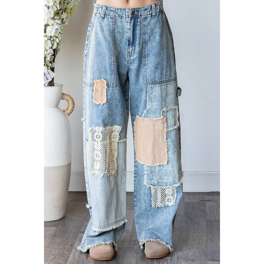 WASHED MULTI PATCHWORK FRAYED HEM DENIM JEANS