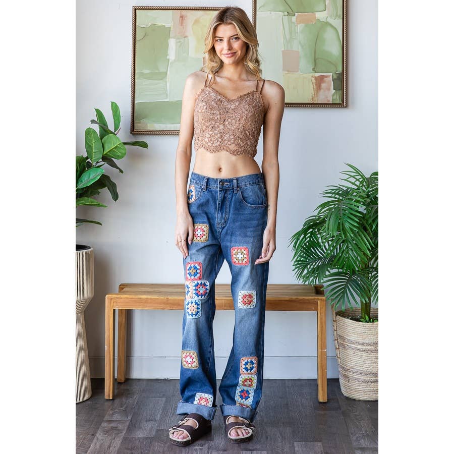 WASHED SQUARE CROCHET PATCHWORK DENIM JEANS