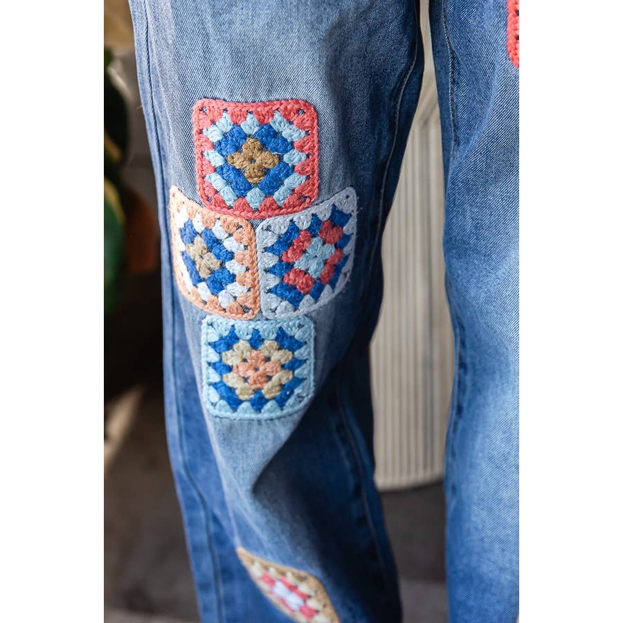 WASHED SQUARE CROCHET PATCHWORK DENIM JEANS