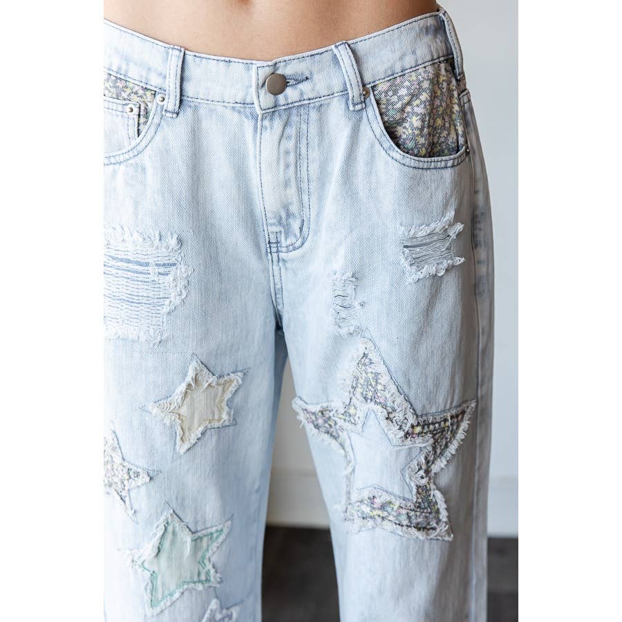 WASHED STAR PATCHWORK DETAIL DENIM JEANS