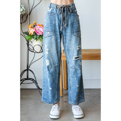 WASHED DRAWSTRING WAIST DISTRESSED DENIM JEANS